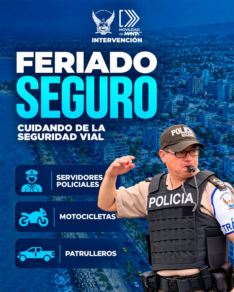 MantaAMT's tweet photo. 🚓 Para garantizar tu tranquilidad y cuidar de la seguridad vial, desplegamos nuestro contingente operativo en las vías. A través de la intervención de la Policía Nacional y Movilidad de Manta EP, trabajamos por un #FeriadoSeguro. 🚗

Tu bienestar es nuestra prioridad. Viaja con precaución. 🛡

#SeguridadVial #FeriadoSeguro #MovilidadDeManta #PolicíaNacional