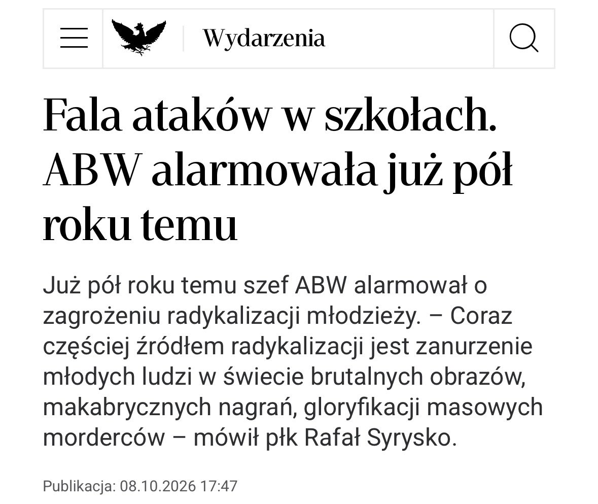 ppalka's tweet photo. Czyli to co ZAWSZE.

Pół roku temu ABW alarmuje o radykalizacji młodzieży i zagrożeniu.

Tusk i jego rząd mają to głęboko w dupie. 

Seria aktów przemocy, które potwierdzają obawy ABW. 

Giną ludzie. 

Tusk nagle wykonuje ruchy, nagrywa filmiki z groźną miną, gra szeryfa, głosuje jakąś napisaną na kolanie ustawę, która niczego nie zmieni.

Za każdym jedwabnym razem.