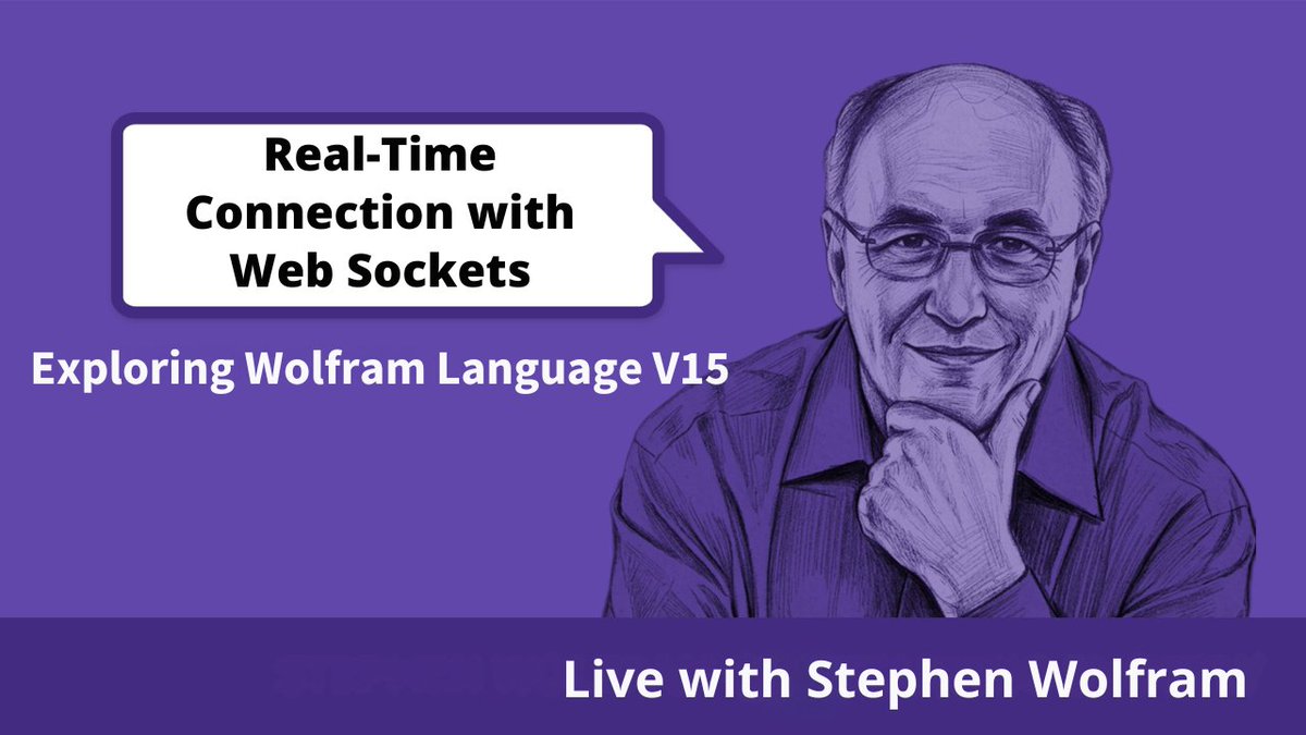 A purple promotional graphic featuring a sketched portrait of Stephen Wolfram with a speech bubble reading 'Real-Time Connection with Web Sockets' and text 'Exploring Wolfram Language V15' and 'Live with Stephen Wolfram'.