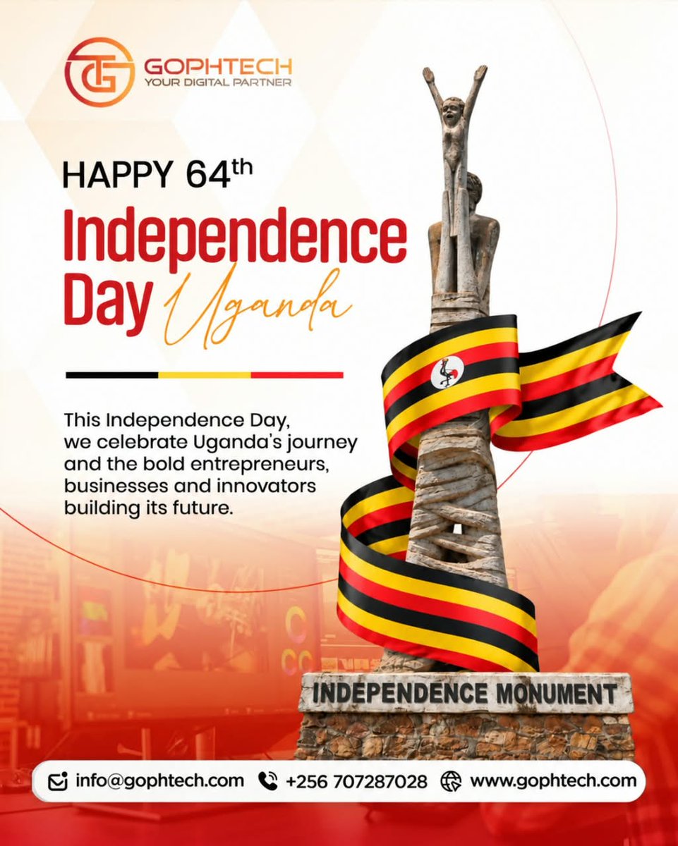 GophTech's tweet photo. 🇺🇬 64 Years of Freedom. Endless Possibilities! 

From independence to innovation, Uganda's journey is a story of resilience, ambition, and growth.

 we're proud to empower the businesses and innovators shaping our nation's digital future.

Happy 64th Independence Day!
#UgandaAt64 https://t.co/MY4lEm5Da8