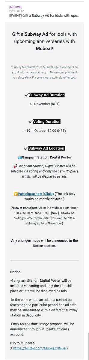 KJSvotingteam's tweet photo. 🚨 MUBEAT [NOVEMBER] SUBWAY AD VOTING REMINDER! 🚇📢

🍀 Let's work together to secure a subway ad for JUNSEO! 💗

📅 Voting Deadline
October 19, 12:00 PM (KST)

🎁 REWARD
📍 Gangnam Station Digital Poster
🏆 Only the TOP 4 artists will receive ads!
🗓️ Ad duration: All November

📊 CURRENT RANKING
🔻 JUNSEO — 11th Place
💗 1,082 votes | 1.6%

⚠️ **We need to climb into the TOP 4!** Every vote matters. Let's not give up on this opportunity to get a subway ad for Junseo!

🗳️ HOW TO VOTE
1️⃣ Open the Mubeat app
2️⃣ Go to **Vote**
3️⃣ Select the **Mubeat** tab
4️⃣ Tap **[Nov.] Subway Ad Voting**
5️⃣ Vote for JUNSEO!

🔥 Let's show our support for Junseo! Collect votes, participate consistently, and help him climb the rankings! Every bit of support counts! 🍀💗

#JUNSEO #준서 #ALPHADRIVEONE #알파드라이브원 
@ALD1_official
#ジュンソ #金俊抒
KIMJUNSEO 김준서 キムジュンソ