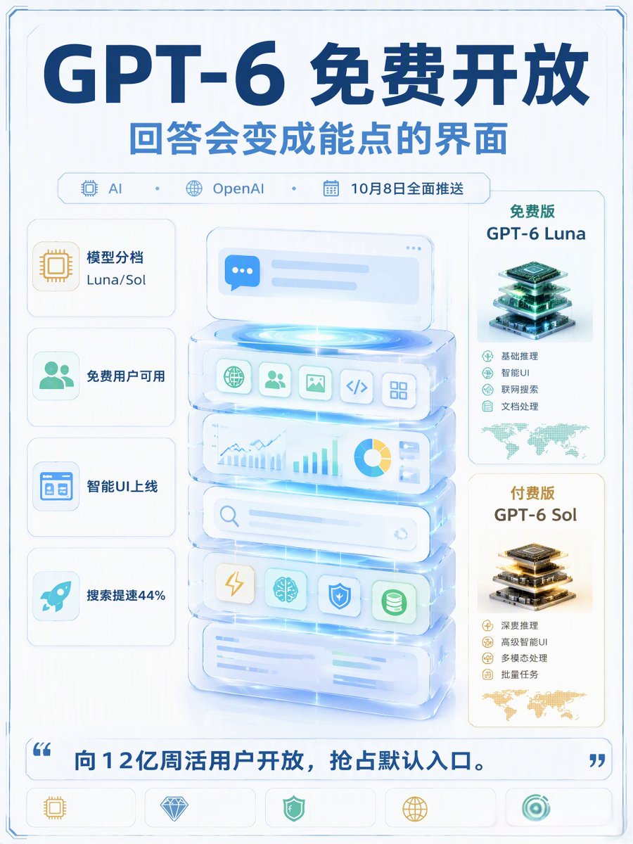jixinzi's tweet photo. 10月8日起GPT-6免费开放，免费版叫Luna，付费版叫Sol，不是拿小模型糊弄你，是正儿八经的新一代。
值得聊的不是模型本身，是这次一起上线的“智能UI”——以前AI回复你一段话，现在直接给你能点的界面：
聚餐要准备啥，它生成一张清单，人数从4改成8，采购数量自动跟着变； 自行车变速器怎么工作，它画辆车给你，点哪个部件讲哪个； 
想算账，当场给你做个分账计算器、储蓄计算器，甚至对话框里玩个小游戏。 以前AI告诉你该怎么做，现在它直接把工具做给你。 
几个点：
 1️⃣ 免费版就能用Luna，日常问答、搜索、看文档都够 
2️⃣ 更强的Sol（复杂编码、工作流）要付费 
3️⃣ 官方说搜索速度提升44% 
4️⃣ 最近的“28天连续更新” 
你最想让AI在对话里给你做出个啥？可以评论区聊聊