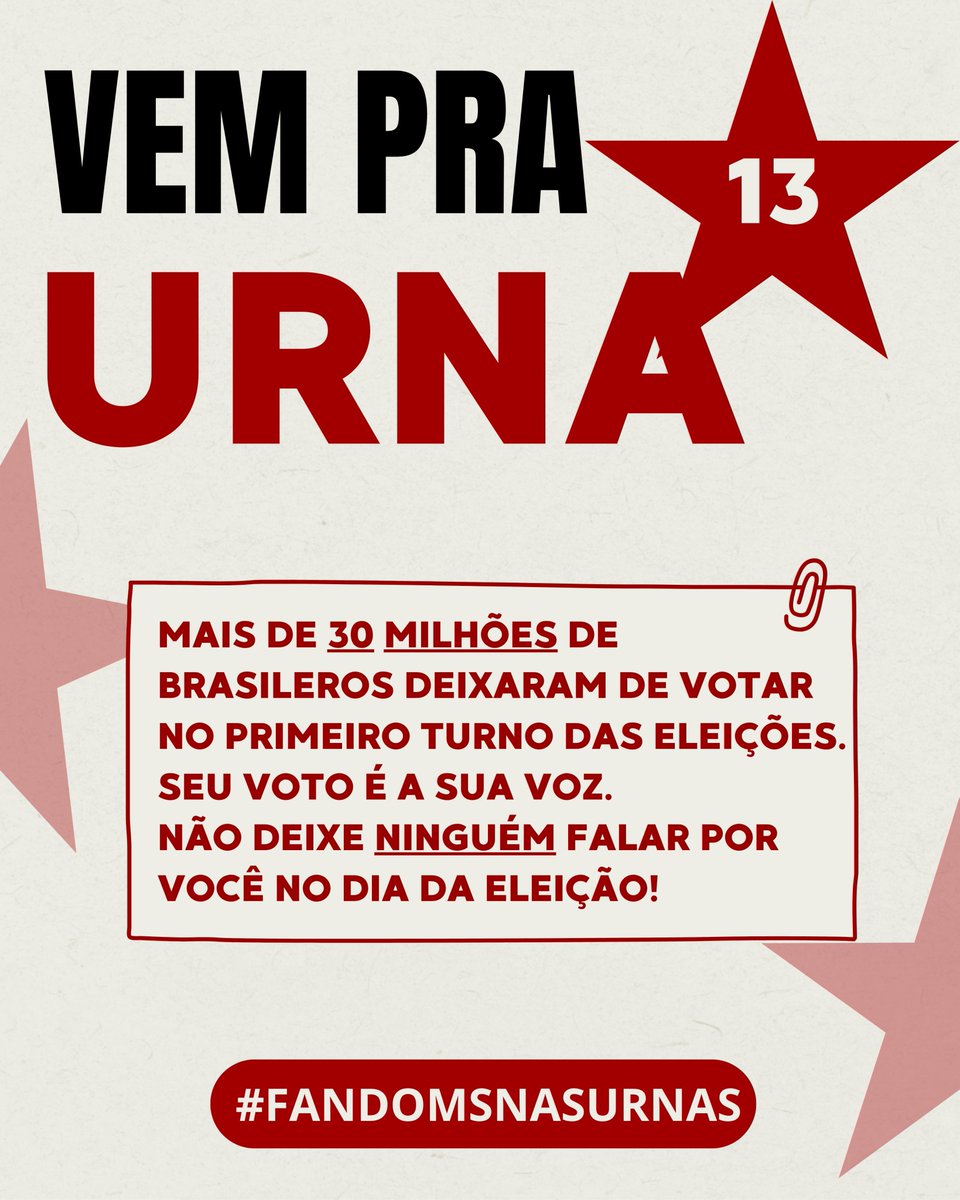 loboscapixabas's tweet photo. Mais de 30 milhões de eleitores não votaram no 1º turno. No dia 25/10, temos uma nova oportunidade de fazer a diferença! 🗳️

Seu voto importa, sua voz faz a diferença! Mesmo que você não tenha votado no primeiro turno, pode participar do segundo.

Nós escolhemos o 13, em defesa da democracia e de um Brasil melhor! ⭐️❤️

VEM PRA URNA!

#FANDOMSNASURNAS #FANDOMSCOMLULA