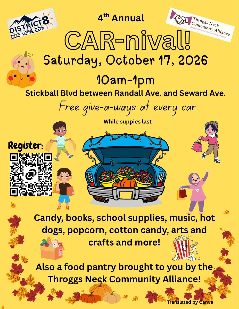 D8Connect's tweet photo. 🚗🎉 D8 families, join us for the 4th Annual CAR-nival! Free giveaways (while supplies last), books, school supplies, music, treats, arts &amp; crafts, and more!
📅 Oct. 17 | 10 AM–1 PM📍 Stickball Blvd. between Randall &amp; Seward Aves. https://t.co/qmRxfMF7xu https://t.co/p6vbtfdljg