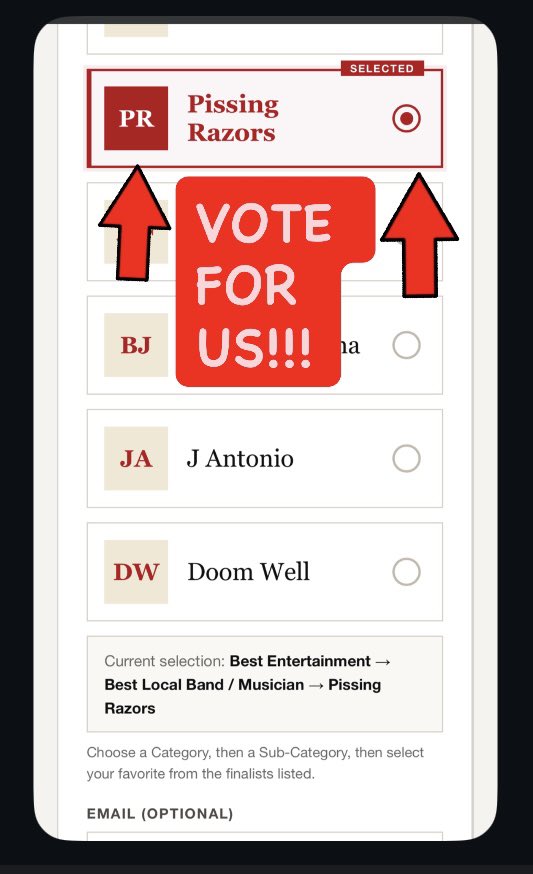 PISSINGRAZORS's tweet photo. VOTE FOR PISSING RAZORS!! The City Magazine El Paso is accepting the 2026 BEST OF votes &amp; we are in the run!! 

GO TO 
https://t.co/0NO8CUIWoI 
VOTE NOW
SELECT Best Entertainment 
SELECT Best Local Band Musician
Scroll down ⬇️
SELECT PISSING RAZORS

TY City Magazine El Paso!! https://t.co/zAhELAdqhj
