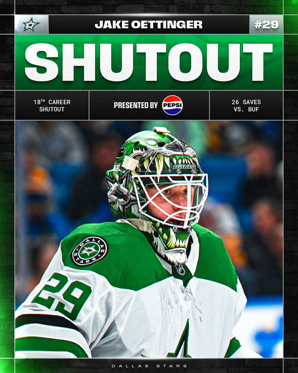 Make that @​pepsi shutouts in back-to-back starts for Jake Oettinger! 🦦 
 [📷](https://pbs.twimg.com/media/HUJ2TZQaIAAw9vD.jpg) https://pbs.twimg.com/media/HUJ