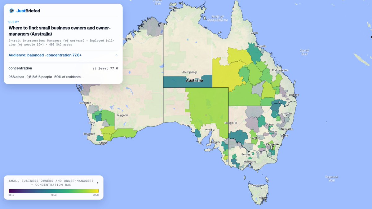 justbriefedau's tweet photo. @JEChalmers Backing small business where they live. Full-time managerial roles make up 73.1% in Duntroon, 27.9% in QLD's Northern Highlands, and 23.0% in St Leonards.

View the interactive map: https://t.co/BpTXpZzEAw https://t.co/Q1f4tbE0B8