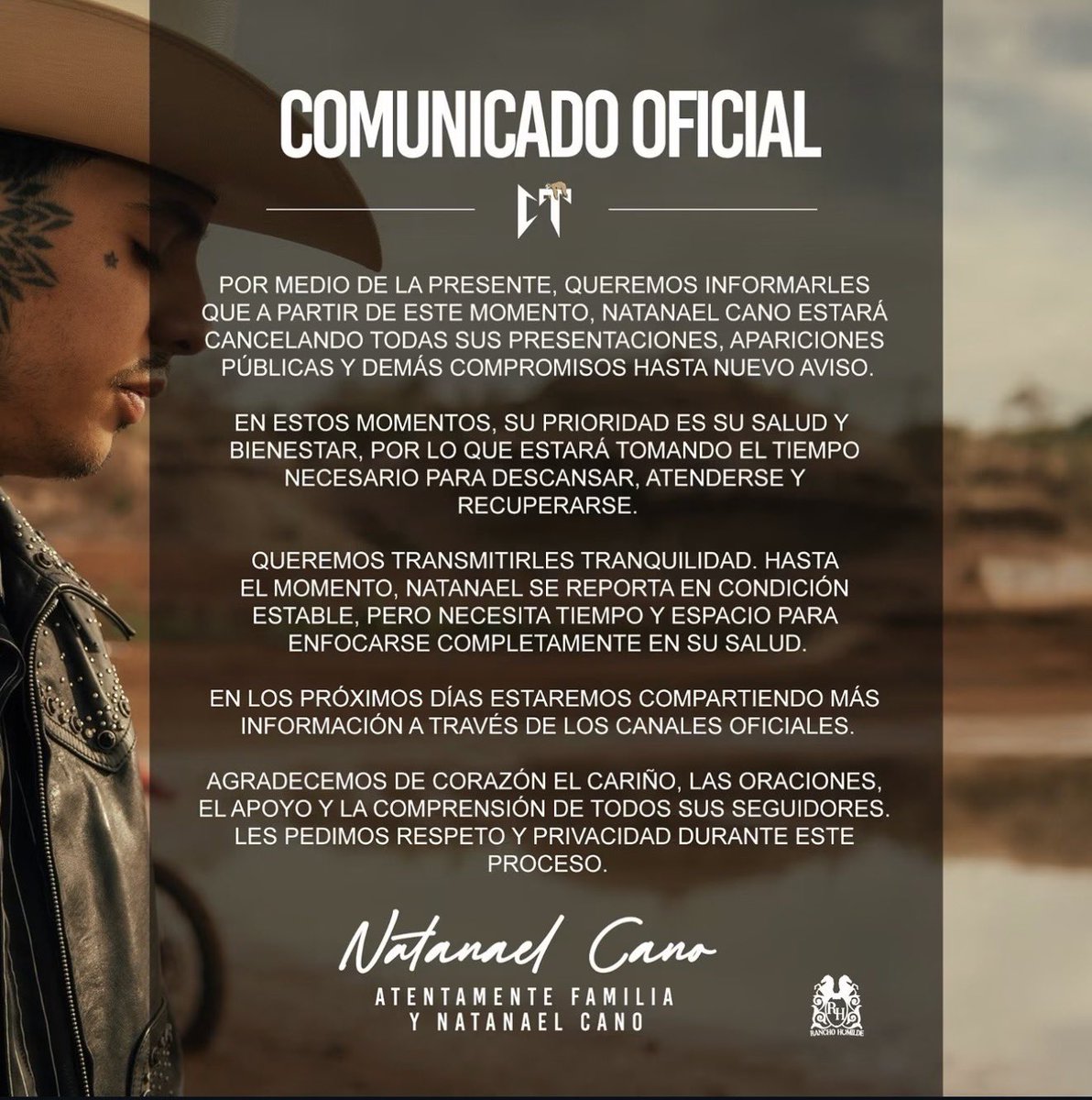 NatanaelCanoNew's tweet photo. Natanael Cano suspende todas sus apariciones públicas y conciertos hasta nuevo aviso. 🖤🦥 https://t.co/A1xIkvKyax