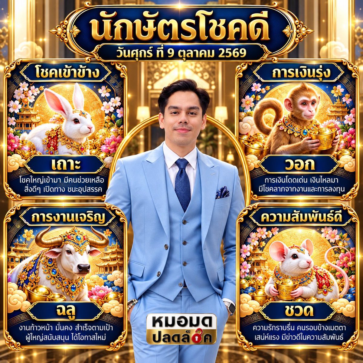 MormodPlodlock's tweet photo. นักษัตรดวงดี ประจำวันที่ 9 ตุลาคม 2569

#นักษัตรดวงดี #เถาะ #วอก #ฉลู #ชวด 
#ปลดล็อคไลฟ์Daily
#LifeTips
#Upgradeชีวิต
#มูอย่างมีสติ
#สายมูยุคใหม่

* เคาะที่นักษัตรตนสองทีเพื่อปลุกพลัง*

📥 ปรึกษา #ดูดวง #ฮวงจุ้ย #ฤกษ์มงคล ปลดล็อคเฉพาะบุคคล และ #ปลดล็อคคลับ ครับ

#หมอมดปลดล็อค https://t.co/PA0paRTbfU