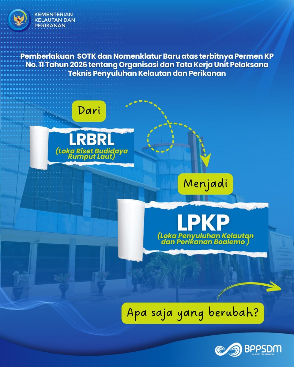 lpkp_boalemo's tweet photo. Hai Hai #SobatBahari, 
Loka Riset Budidaya Rumput Laut kini menjadi Loka Penyuluhan Kelautan dan Perikanan Boalemo!

Nama baru, semangat baru, komitmen yang terus bertumbuh untuk kelautan dan perikanan Indonesia! 🇮🇩

#KKPGOID #SDMKP #LPKPBoalemo https://t.co/rIEHNQBxw7