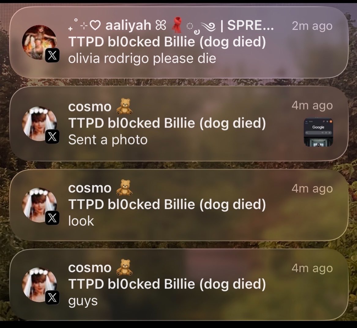rodrigosdata's tweet photo. 🚨 A Taylor Swift fan group chat called “TTPD bl0cked BIllie” has been exposed for coordinating setups, sharing death threats and making vile comments about female artists, including Olivia Rodrigo, Billie Eilish, Charli XCX, Beyoncé, Lady Gaga and more. 

Several members operate large accounts and engage with their own setup accounts, including @aidan7501 @proudlivie @elcanoooo @lilylovedliv @iluvswiftandmcu and more.