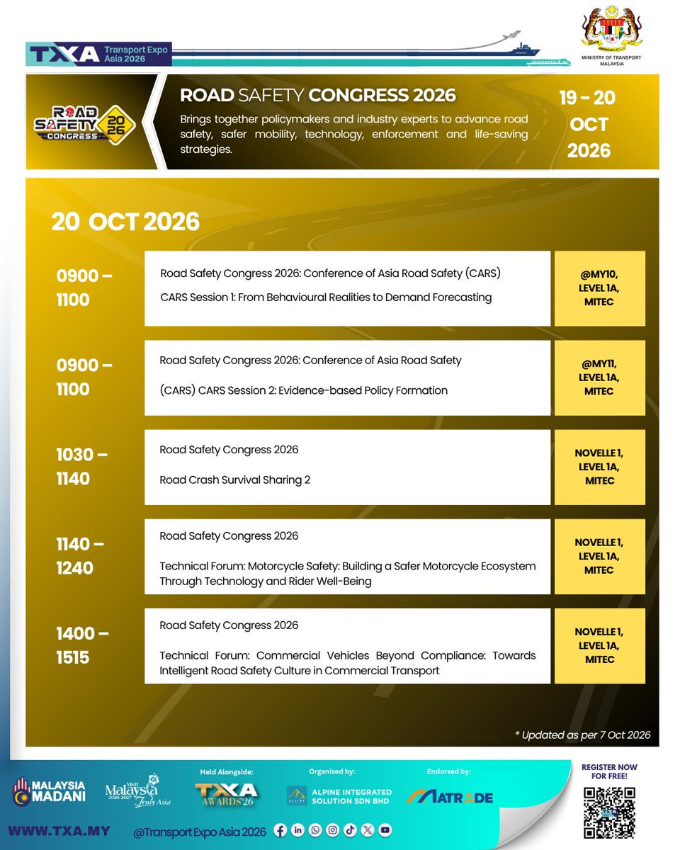 txa_my's tweet photo. π Register as a Conference Delegate:
π https://t.co/8pnHurXufb
π² Follow for more updates:
π https://t.co/8Qw20qJFSc
#TXA2026 #TransportExpoAsia #RoadSafetyCongress #RoadSafety #FutureOnTheMove #MITEC #MOTMalaysia https://t.co/CusLlFoM0G