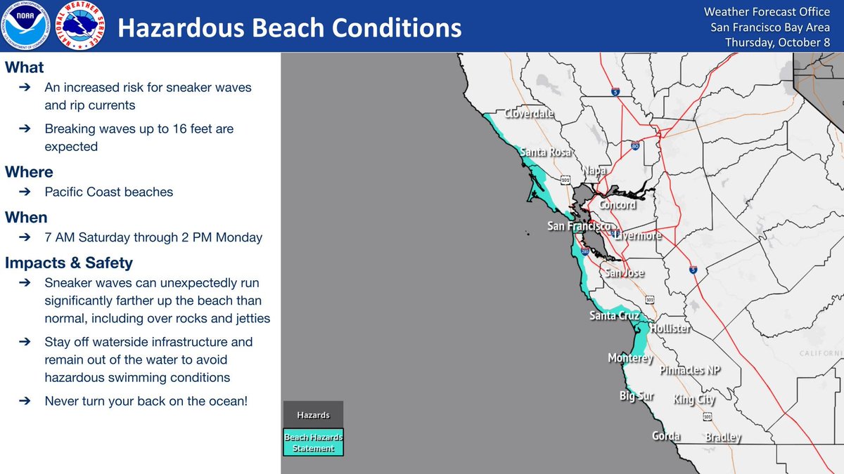 NWSBayArea's tweet photo. Increased risk of rip currents and sneaker waves expected with breaking waves up to 16 feet. Dangerous conditions are forecast along the shoreline. Stay off jetties, piers, rocks and other waterside infrastructure. NEVER turn your back on the ocean. https://t.co/5F7NY6UzAI