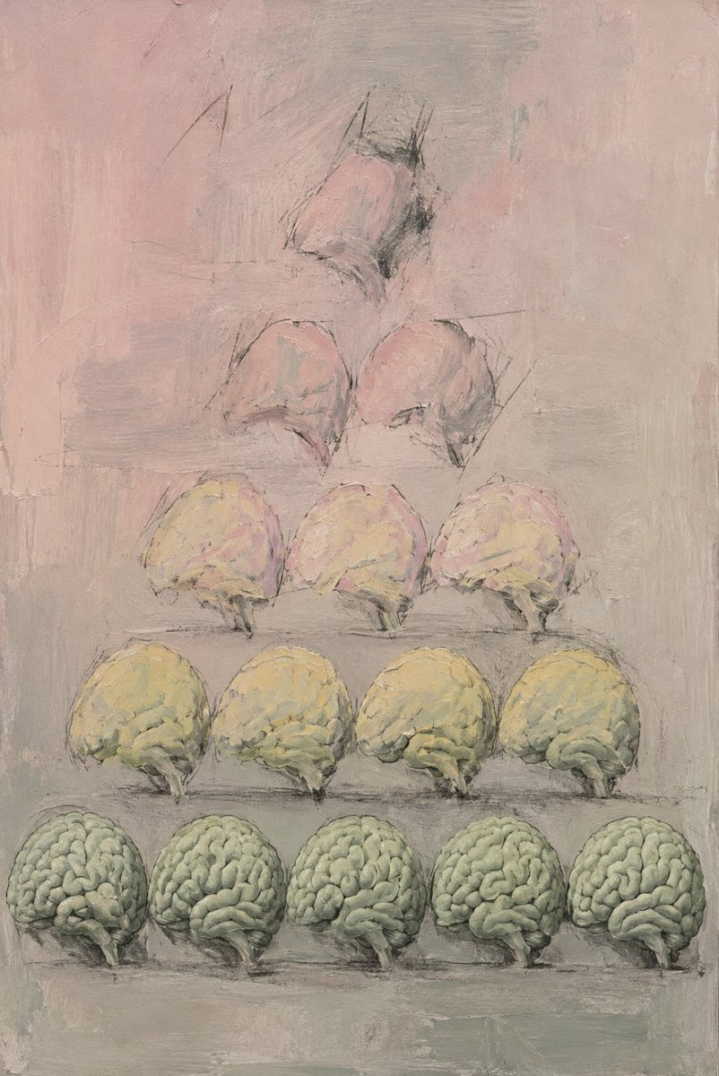 dotdotjo's tweet photo. Fifteen brains stacked like a food chain. The bottom row is green and dense, like treetops. As they climb, they lose their colour, until the one at the top is barely more than a charcoal sketch.

Everything up there came from what’s below it. Processed food starts as a plant. AI was built by minds that grew out of the earth.

So when does something stop being natural?

And if something arrived from another world, with its own food and its own tools, would everything we’ve made suddenly look natural?

Tree of Life, 2026
- dotdotjo