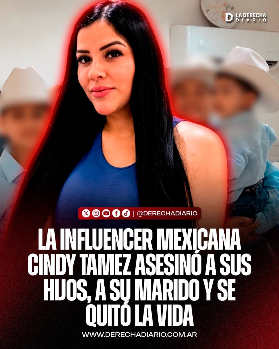 laderechadiario's tweet photo. 🚨🇲🇽 | NUEVA LINDSAY CLANCY EN MÉXICO: LA INFLUENCER CINDY TAMEZ ASESINÓ A SUS TRES HIJOS Y A SU MARIDO ANTES DE QUITARSE LA VIDA

Según la investigación, Cinthya Abigail “Cindy” Tamez, de 33 años, mató a tiros a su pareja, Leodegario Moya, y a sus hijos Christian, de 11 años, Bruno, de 10, y Gustavo, de apenas 2 años.

Los cuerpos del hombre y de los dos hijos mayores fueron encontrados dentro de la vivienda familiar, mientras que Cindy y el menor de 2 años fueron hallados muertos dentro de una camioneta. Un adolescente de 14 años que se encontraba en la casa sobrevivió y declaró haber presenciado parte del ataque.

Antes de morir, la influencer había publicado un perturbador mensaje en redes sociales: “No todos conocen mi lado oscuro. Quemaría mi propia casa solo para ver la de mi vecino arder, aunque eso me perjudique a mí también”.