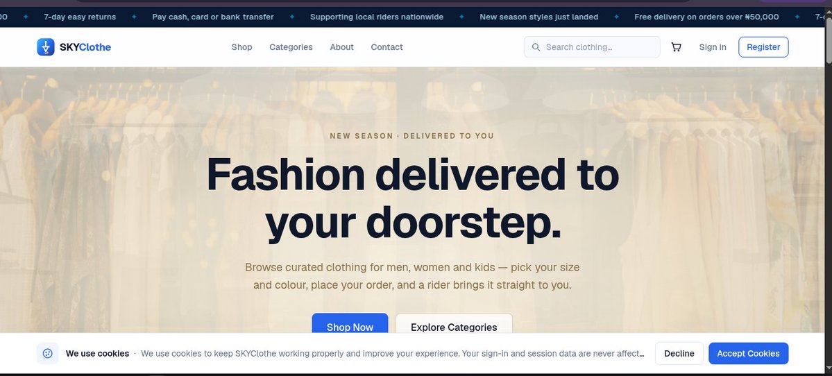 PIorwua12080's tweet photo. Day 26 of #30DaysOfCode. Today I built SKYClothe not just to create a clothing delivery platform, but to challenge myself to understand how a full-stack application works in a real deployment environment.
Live: https://t.co/6IhTjPJt6i https://t.co/YigRsdZioH