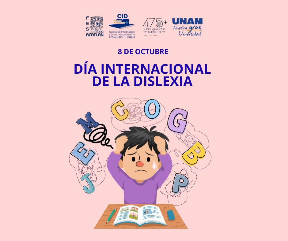 cidfesacatlan's tweet photo. 📚🧠 8 de octubre | Día Internacional de la Dislexia

En México se estima que el 7 % de la niñez en edad escolar (≈2.2 millones) vive con dislexia. Detectarla a tiempo y acompañar con empatía marca la diferencia💜

#DiaInternacionalDeLaDislexia #CID #FESAcatlán #UNAM https://t.co/IgZ4qQHMqR