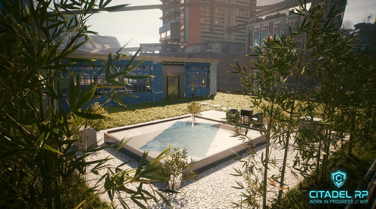 Victor94_'s tweet photo. Sneak peek of our custom Industrial-Zen Penthouse built with NCWE for Citadel RP on @Open2077! 🌆⛩️
3 floors & rooftop garden with pond. Still a WIP fixing minor glitches, but huge potential. Stay tuned! 👀🔥
#Cyberpunk2077 #Open77 #NCWE #CyberpunkRP https://t.co/JI1GLnLvf7