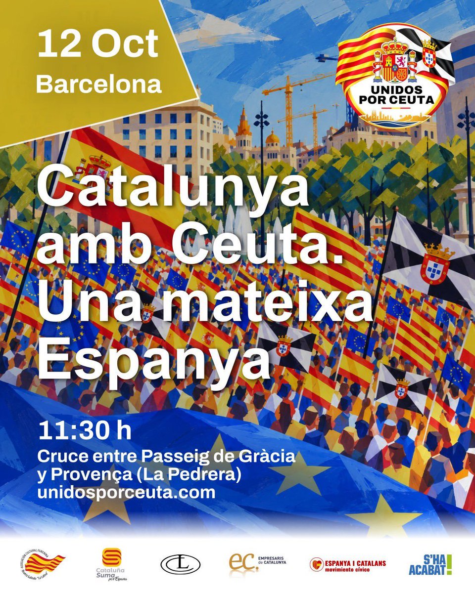 CCivicaCatalana's tweet photo. Este próximo lunes 12 de octubre, manifestación unitaria en #Barcelona para celebrar el Día de la Hispanidad y expresar la solidaridad de Cataluña con Ceuta y los ceutíes.

-11:30 h Pº Gracia / C. Provenza

Viva Ceuta y Viva España!! 🇪🇸🇪🇸 https://t.co/RXnKb2lpSf