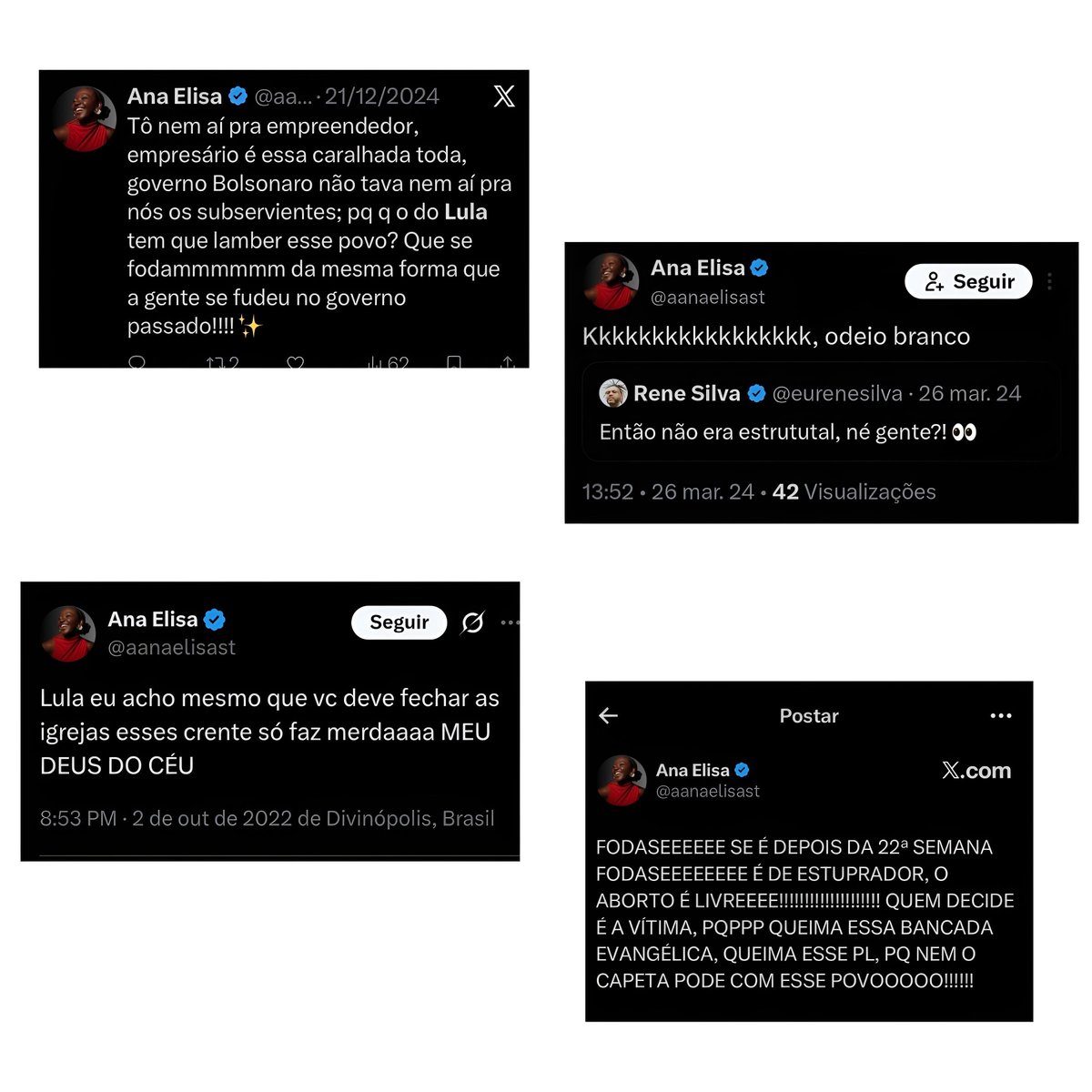 MichelcSales's tweet photo. "Os PROJETOS da MAIS NOVA ALIADA do LULA:

- FODER COM AS EMPRESAS.
- CRIMINALIZAR A RAÇA BRANCA.
- FECHAR AS IGREJAS EVANGÉLICAS.
- MATAR BEBÊS NA BARRIGA DAS MÃES. https://t.co/xtNWI0TiGl