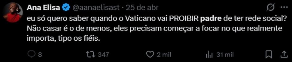 Reporter_Samuel's tweet photo. CHEGA DE ATAQUES AOS CRISTÃOS!

@aanaelisast respeite a nossa fé! 
Respeite a Santa Igreja Católica!

A deputada petista ofende os católicos com comentários como esses.

Se Lula for reeleito, é a perseguição total aos católicos no país. https://t.co/LczcZwgYI8