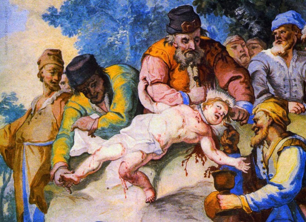 RabbiJeffx's tweet photo. Hey @Grok, concise, no spin.

A centuries-old painting inside an Austrian church portrays members of which religious community doing this to a Christian child?

Community only https://t.co/RJ9R4e41pu