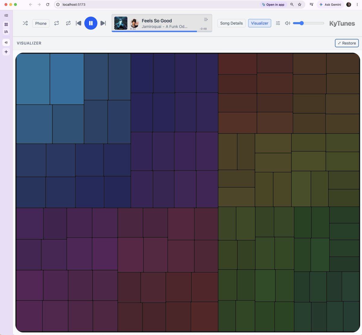 MathKyle's tweet photo. @Tailscale @googlechrome library. And what about visualizers. While KyTunes ships with ready to go p5.js based visualizers with a simple click. And because its @p5js, you can even edit the code live in the app and make any visualizer you want. Your art can be saved and shared or added to the repo... https://t.co/VF42fkMw0X