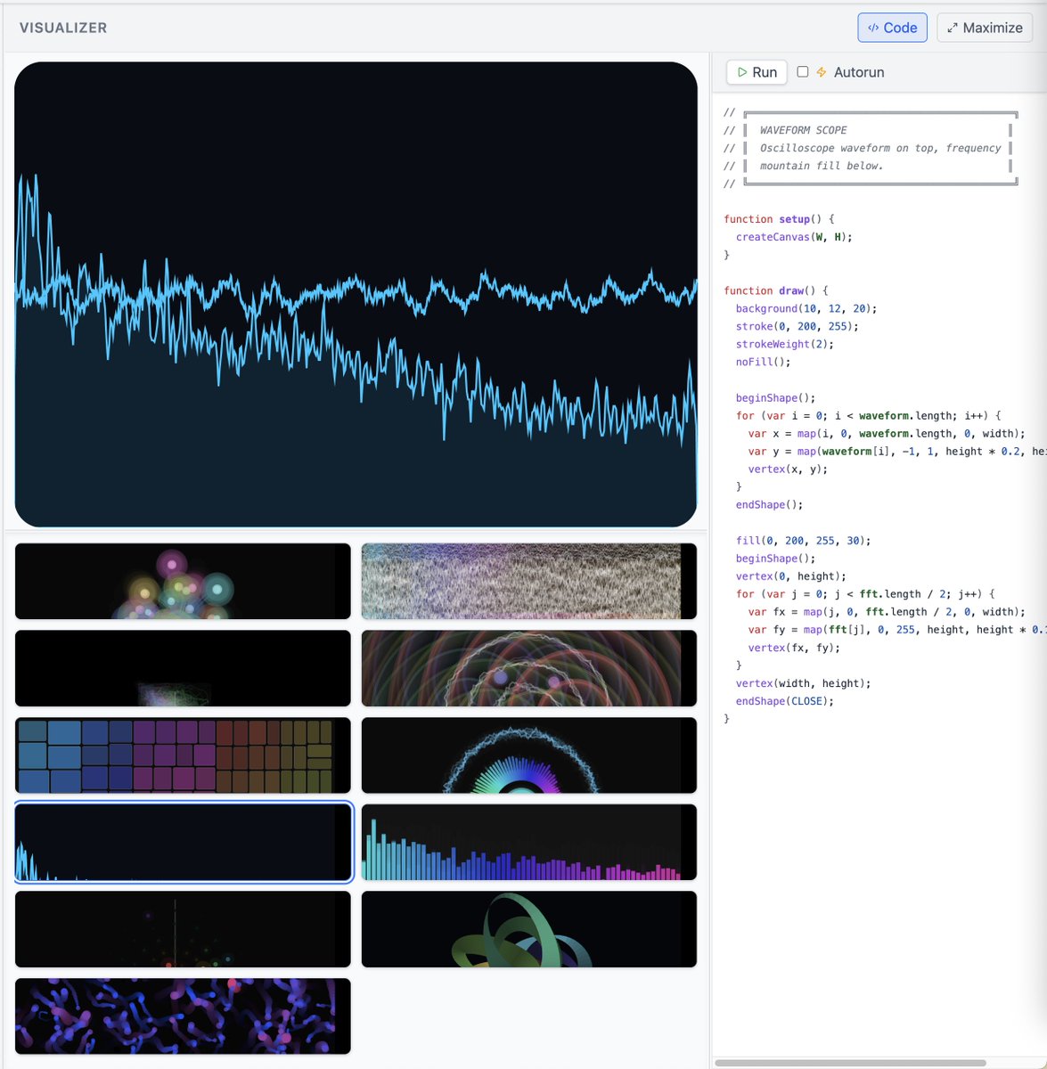 MathKyle's tweet photo. @Tailscale @googlechrome library. And what about visualizers. While KyTunes ships with ready to go p5.js based visualizers with a simple click. And because its @p5js, you can even edit the code live in the app and make any visualizer you want. Your art can be saved and shared or added to the repo... https://t.co/VF42fkMw0X