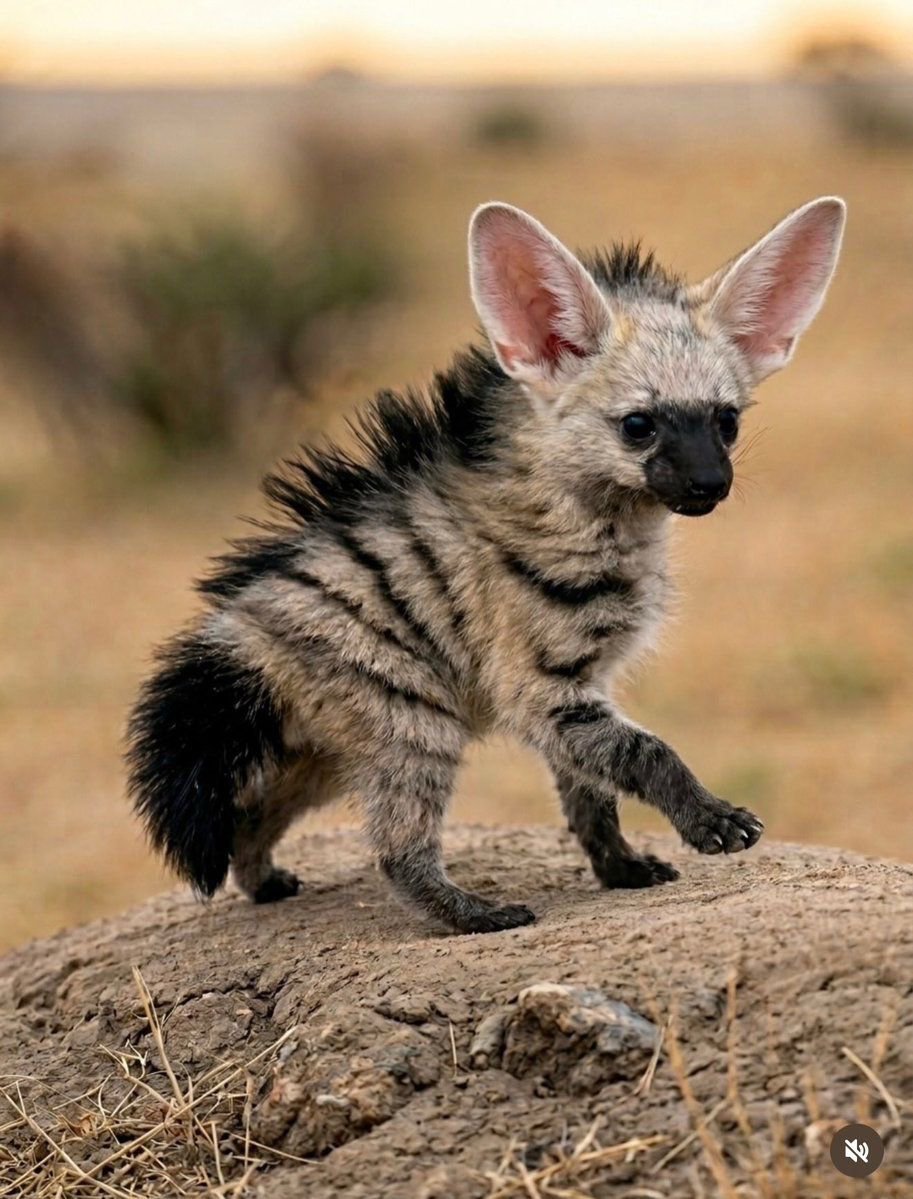 EnsedeCiencia's tweet photo. Este es un cachorro de lobo de tierra, uno de los animales más tímidos y pacíficos de África. Cuando se siente amenazado, eriza su melena para parecer más grande y, si el peligro persiste, puede liberar una secreción de olor desagradable de sus glándulas anales. https://t.co/imRfgRV3cw