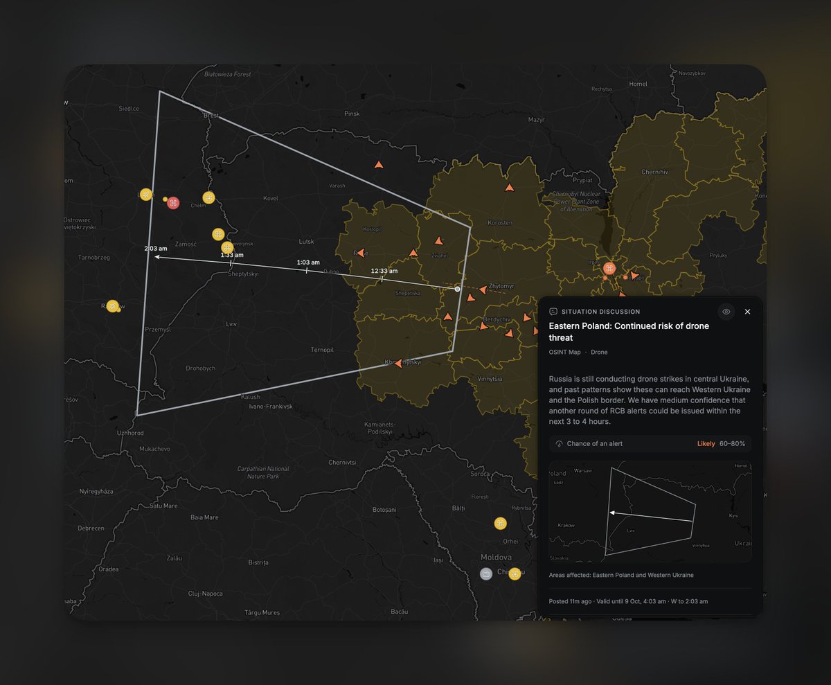 OSINTMapLive's tweet photo. Russia is still conducting drone strikes in central Ukraine, and past patterns show these can reach Western Ukraine and the Polish border. There's a chance that another round of RCB alerts in Poland could be issued within the next 3 to 4 hours. https://t.co/XBt9nznsIE