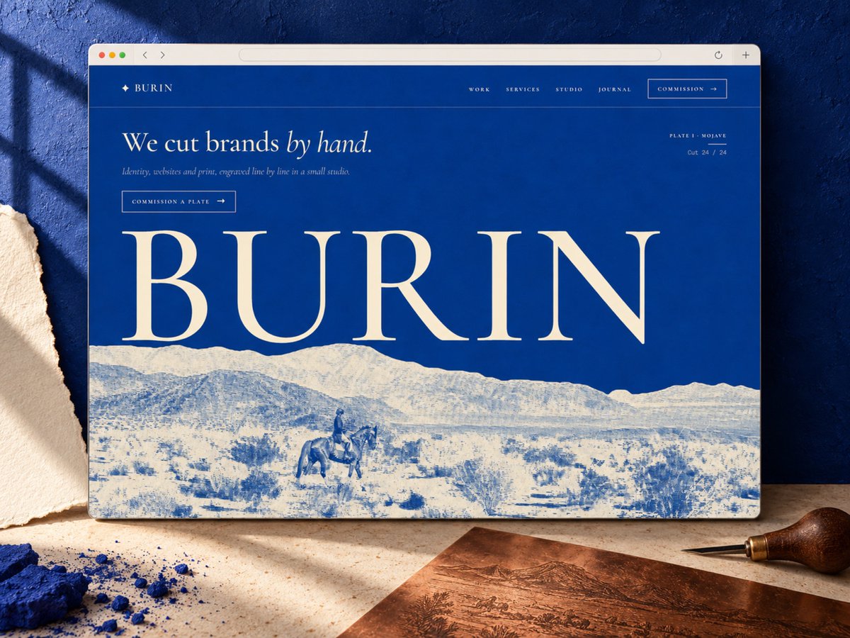 JohnNicholsonIO's tweet photo. BURIN, my Framer template for creative studios.

Ultramarine blue, ivory serif type and engraved landscapes carry through Home, Work and Studio. A fictional studio demo with a printmaking feel.

https://t.co/857frp7egi

#Framer #WebDesign https://t.co/gvpVxbs9Sf