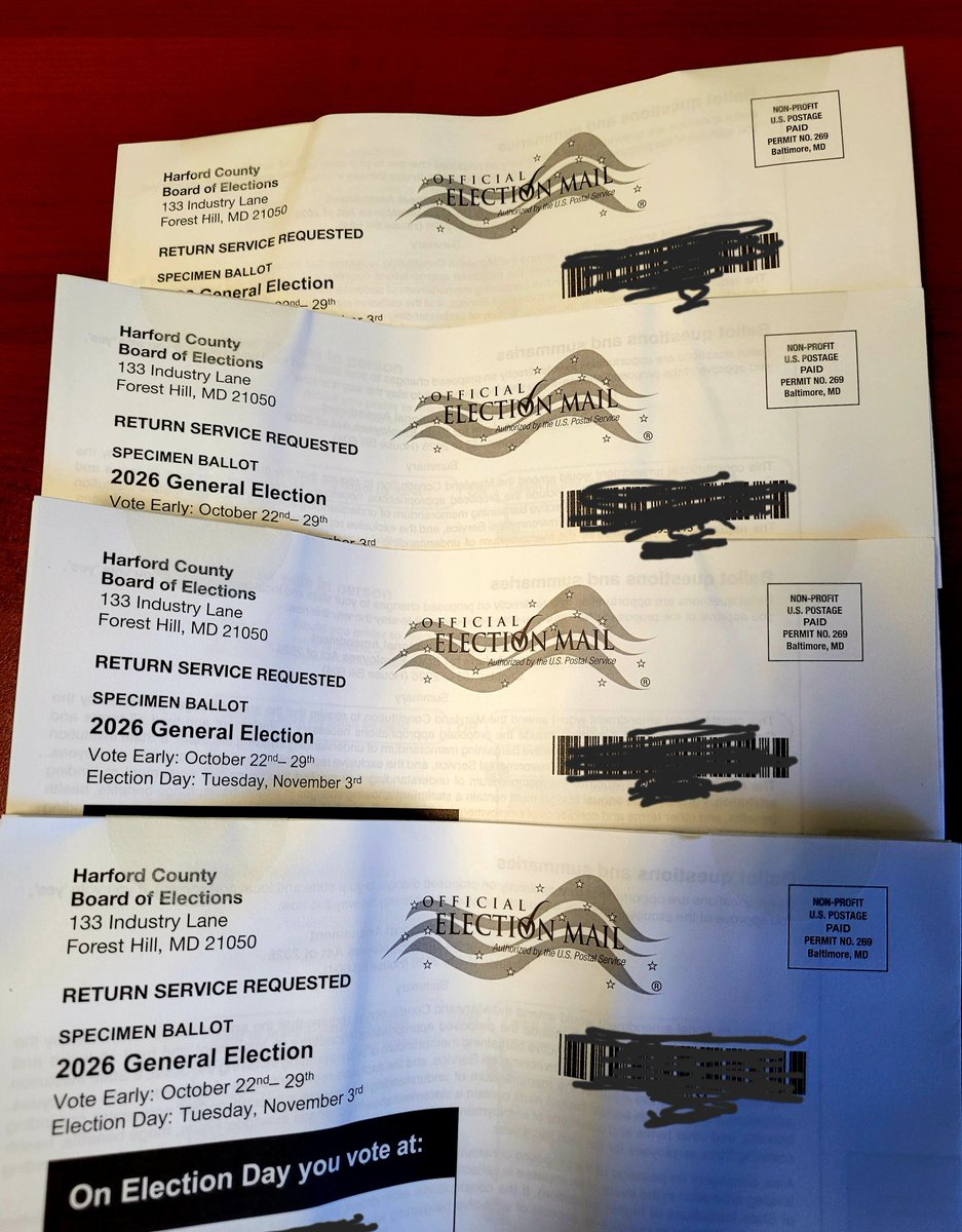 TheSCIF's tweet photo. A woman named Patty @PattyMorin received 4 ballot specimens from the Hartford County Board of Elections in Maryland.

Not a single one of the 4 ballots had her legal name on any of them.

What the heck is going on in our elections, and are states trying to figure out how to go around Trump's mail-in ballot executive orders?

This is not the first time and seems to be happening in multiple states across the country.