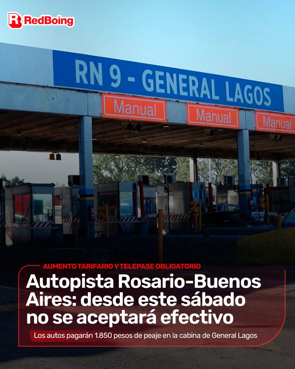 radioboing's tweet photo. 🚗💸 ¡AUMENTA EL PEAJE DE GENERAL LAGOS Y NO SE ACEPTARÁ EFECTIVO!

🛣️ Desde este sábado 10 de octubre, cruzar el peaje de General Lagos, sobre la autopista Rosario-Buenos Aires, tendrá nuevos costos. Para autos y camionetas de dos ejes sin rueda doble, el valor será de $1.850,10, con tarifas más elevadas para vehículos de mayor porte.

💰 El cuadro tarifario contempla cinco categorías: la segunda pagará $3.700,20; la tercera, $5.550,31; la cuarta, $7.400,41; y la quinta, $9.250,51. Los montos varían según la cantidad de ejes y las características de cada vehículo.

📲 Un dato clave para quienes circulen por la zona: la estación no aceptará pagos en efectivo y las tarifas informadas corresponden al sistema TelePASE. El peaje forma parte del Tramo Portuario Norte de la Red Federal de Concesiones, cuya explotación quedó a cargo de Arco Portuario por 20 años.