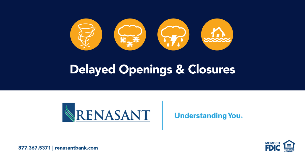 renasant's tweet photo. Due to inclement weather, various Renasant locations may be closed or have altered hours of operation. Please continue to check https://t.co/dRTTBu4T0r for updates.

Online banking and the Renasant Mobile App are always available for your basic banking needs. Stay safe! https://t.co/iocI01oLkH