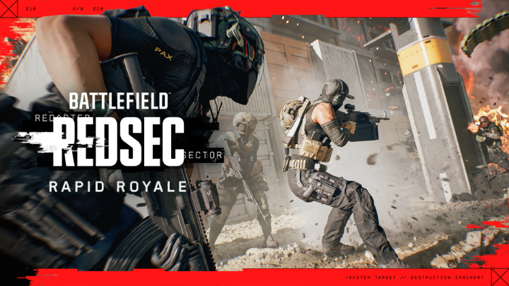 A promotional banner for the video game 'BATTLEFIELD REDSEC' featuring the subtitle 'RAPID ROYALE' and 'SECTOR', showing soldiers in combat gear amid an explosion.