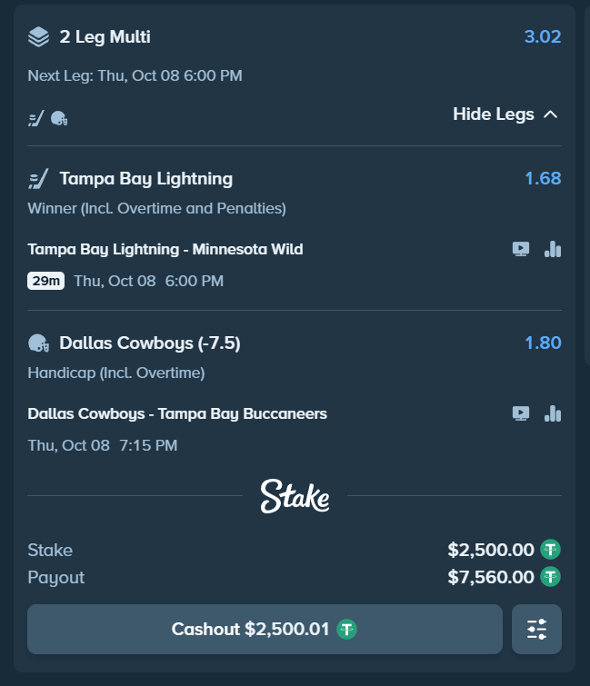 GumboGamble's tweet photo. Just placed a $2,500 LOCK slip on the Lightning and Cowboys.. 🏈🏒

We are due. 

🎁Giving away $300 if we hit ($50 x 6 winners) 
✅ Like + Retweet
✅ Comment your Stake ID below https://t.co/6MYYBOSBwV