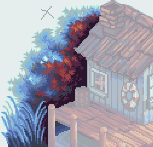 anza__c's tweet photo. Day #1156 on @basepaint_xyz : Fishing Shack

I painted these bushes and plants behind the cabin 🌱✨

#pixelartㅤ https://t.co/y7hlVCCry7
