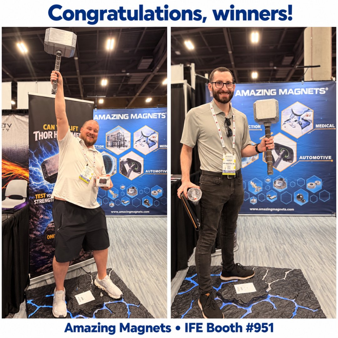 AmazingMagnets's tweet photo. Congrats to our two Day One drawing winners! ⚡🔨

Need magnets for a big project or custom design help? Let’s talk!

Tomorrow is Day Two and the final day of IFE. Visit Amazing Magnets at Booth #951!

#AmazingMagnets #IFE2026 https://t.co/TSlEUpFP8g