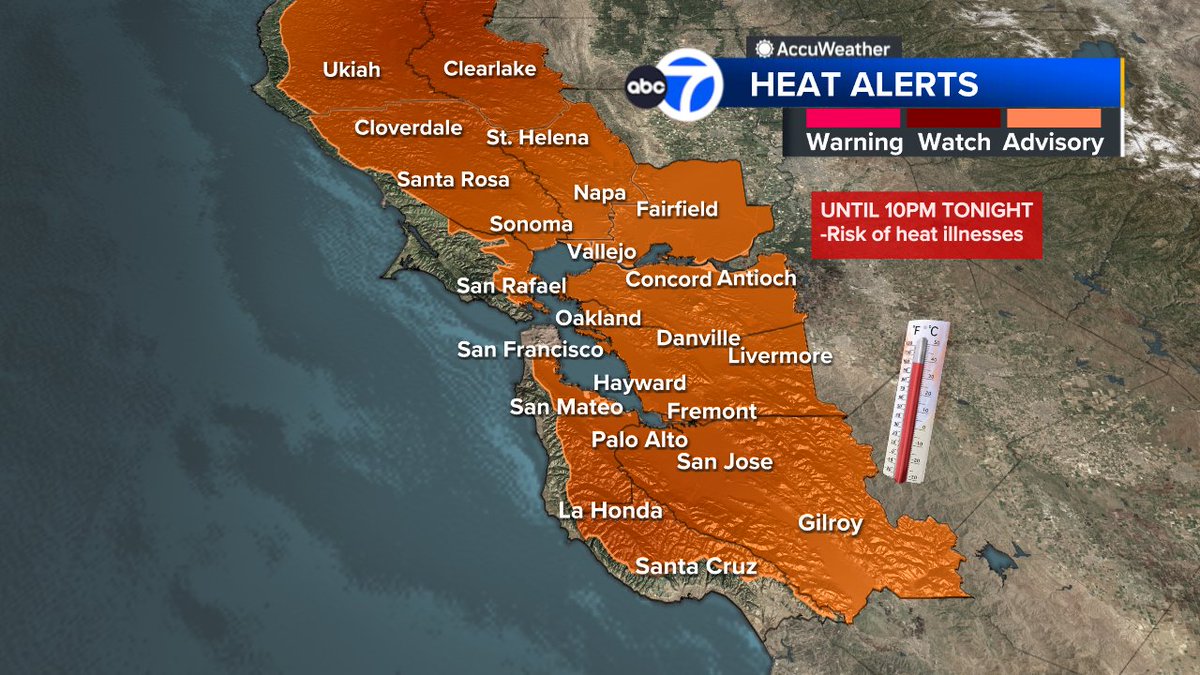 SandhyaABC7's tweet photo. FINAL DAY OF THE HEAT!  Sunny &amp; hot inland again today but, it's mild at the coast.  Heat Advisory until 10pm tonight.  Cooler but, nice for Fleet Week festivities, gusty at times.  #SanFrancisco #BayArea #CAwx #forecast #SFFleetWeek https://t.co/DYcYrO4s02