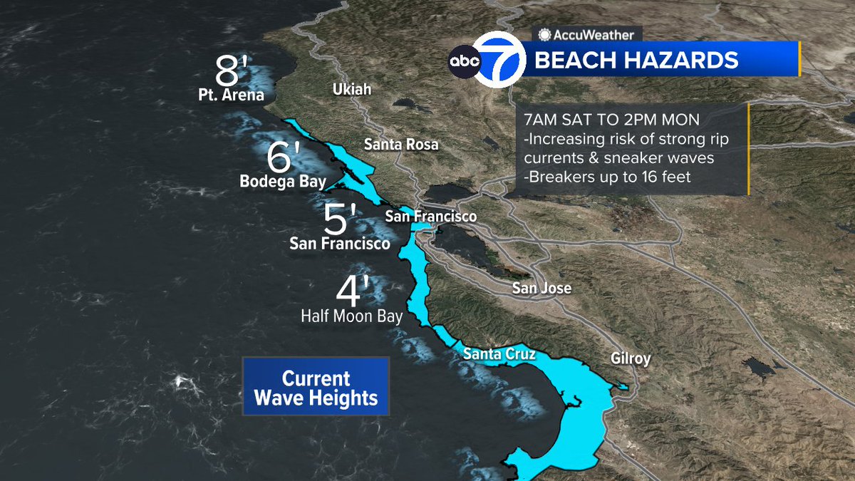 SandhyaABC7's tweet photo. HIGH TIDE FLOODING &amp; BEACH HAZARDS: Above average high tides will cause low lying flooding tomorrow-next WED, Advisory issued.  Beach Hazards Statement going up this weekend, waves will build along west coast of CA as a tropical storm approaches Baja.  #SanFrancisco #BayArea https://t.co/TmadisDo7y