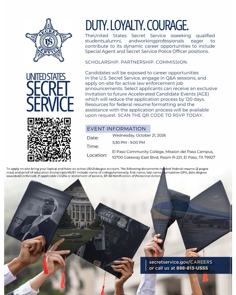 epccCaTS's tweet photo. 🚨 Career Opportunity Alert!
Interested in a career with the U.S. Secret Service? Join representatives at EPCC to learn about career opportunities, participate in Q&A sessions, and apply on-site for active law enforcement positions.
#EPCC #SecretService #CareerOpportunities https://t.co/bC39OCAfnW