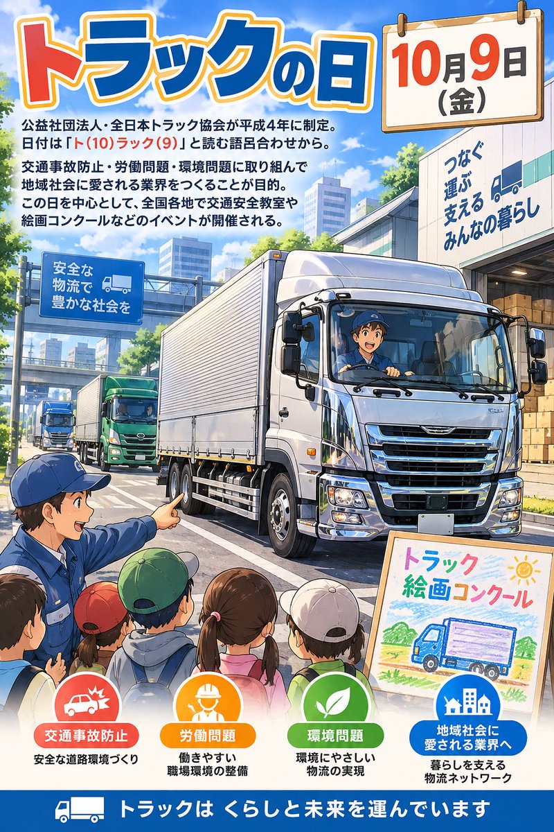 Canbus2018's tweet photo. 今日は10月9日 トラックの日

公益社団法人・全日本トラック協会が平成4年に制定

日付は「ト(10)ラック(9)」と読む語呂合わせから

交通事故防止・労働問題・環境問題に取り組んで地域社会に愛される業界をつくることが目的

紅白司会 矢部浩之 https://t.co/It5aRDOBqQ