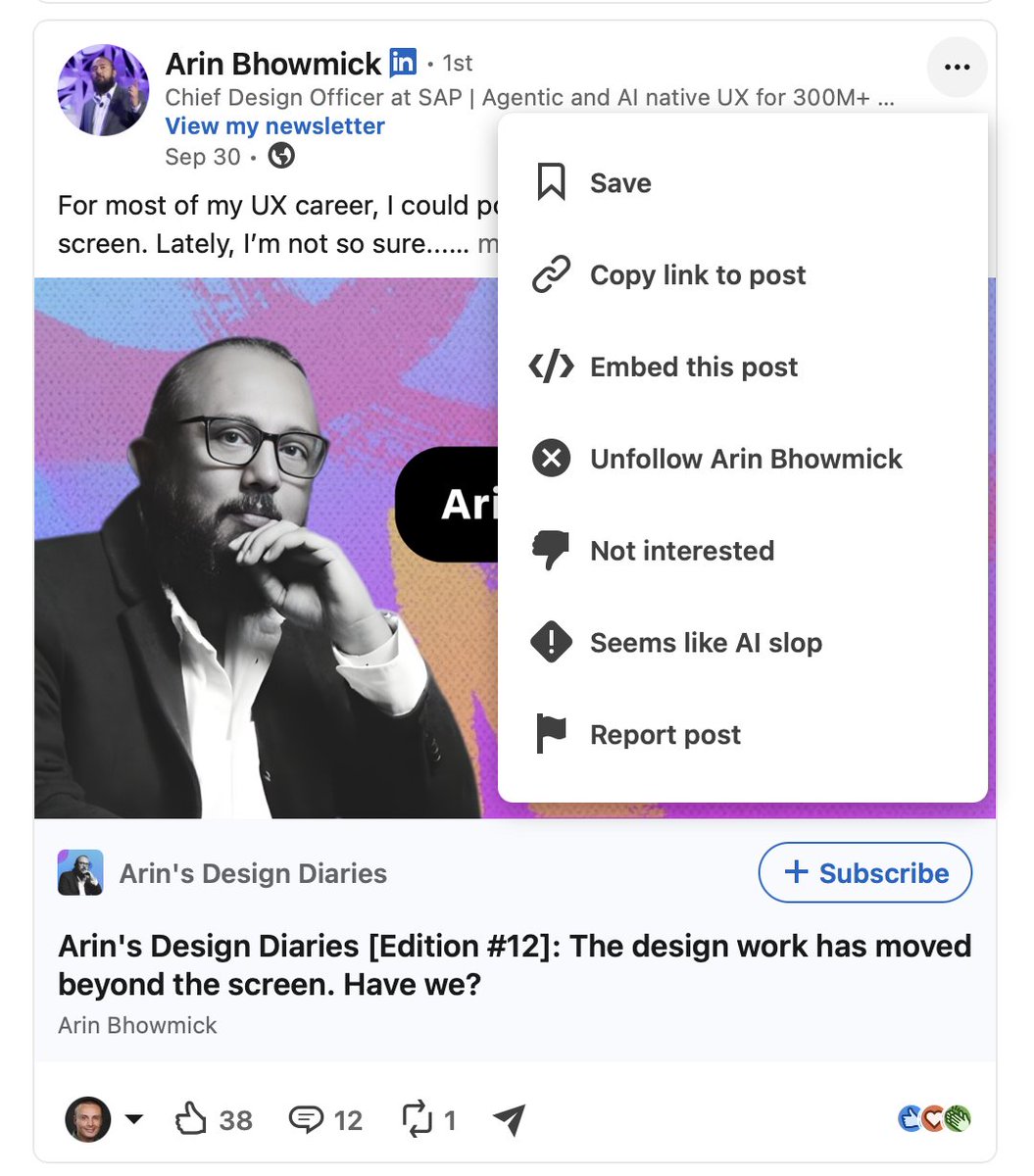 LukeW's tweet photo. LinkedIn now has a "Seems Like AI Slop" button. https://t.co/N2nsCtByff
