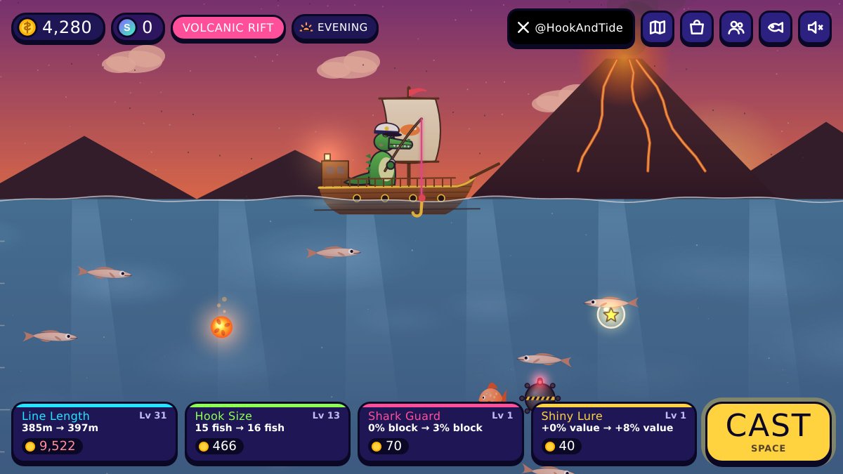 HookAndTide's tweet photo. A pink goblin shark just ate 4 of my fish at 162m.

Hook &amp; Tide is free to play: 6 maps from a sunny lake to a volcano, 22 crew, sea mines, glowing deep-sea fish and in-game SOL tokens to find.

Cast a line $HAT https://t.co/ZljzCU6bzt