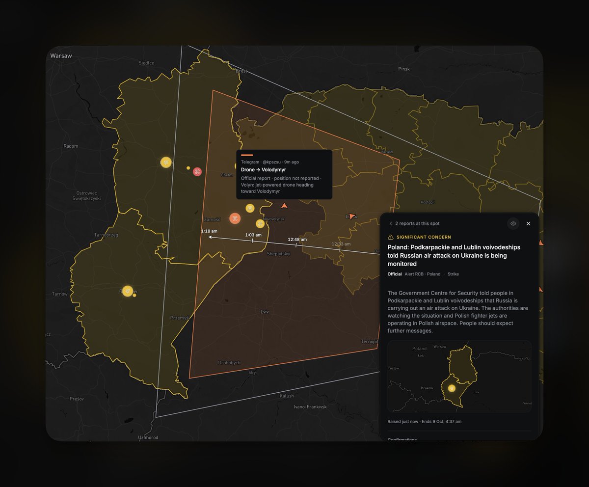 OSINTMapLive's tweet photo. Poland's RCB alert system has sent a warning to recipients in the Podkarpackie and Lublin voivodeships. It says a Russian air attack on Ukraine is being monitored. https://t.co/RuNrJUPYcO