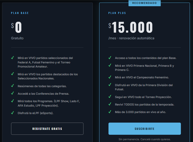 PrecioArgentina's tweet photo. "LPF Play"

Plan Base: $0
Plan Plus: $15.000
https://t.co/0eAWU4ouEM https://t.co/3IsTjI8HU2