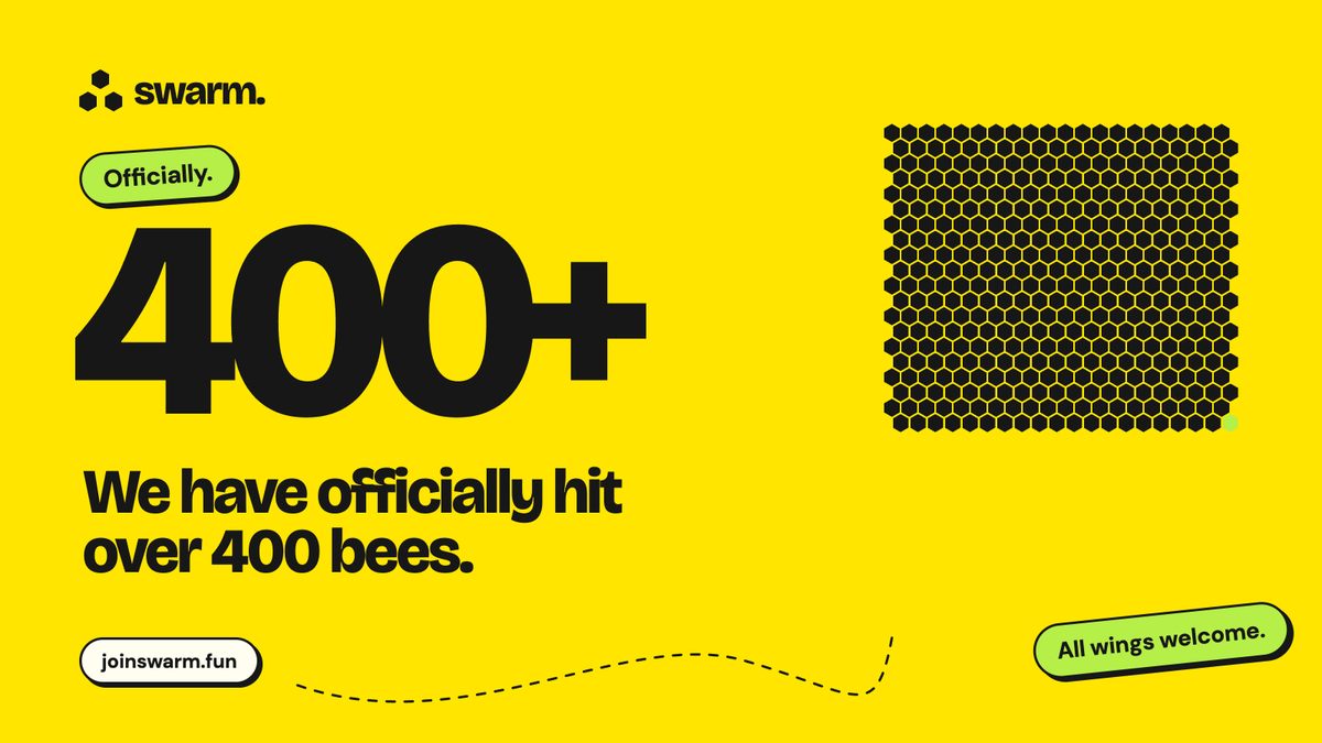 joinswarmfun's tweet photo. Over 400 bees are now part of the swarm

https://t.co/Y6KRuteTdG https://t.co/M06qs4B1Uf