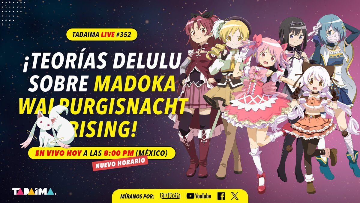 TadaimaMx's tweet photo. 🎉¡Jueves de #TadaimaLIVE!😬
Rant intenso CON SPOILERS de Madoka Magica: Walpurgisnacht Rising, berrinches, noticias, memes y waninews.
⏰8 p.m. (hora de CDMX)
¡ACOMPÁÑANOS!
➡️https://t.co/ooquNpUziG
➡️https://t.co/mFQfCLNjWk
➡️https://t.co/09bHQpfcud https://t.co/z1ni1T7bqx