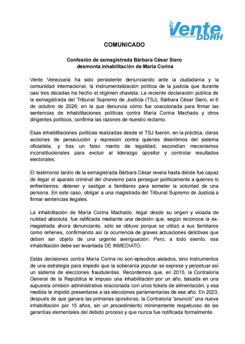 ConVzlaComando's tweet photo. 🇻🇪 | #Comunicado del Comité de DDHH de Vente Venezuela (@VenteDDHH): Confesión de exmagistrada Bárbara César Siero desmonta inhabilitación de María Corina Machado (@MariaCorinaYA). https://t.co/BrJKY5d33C