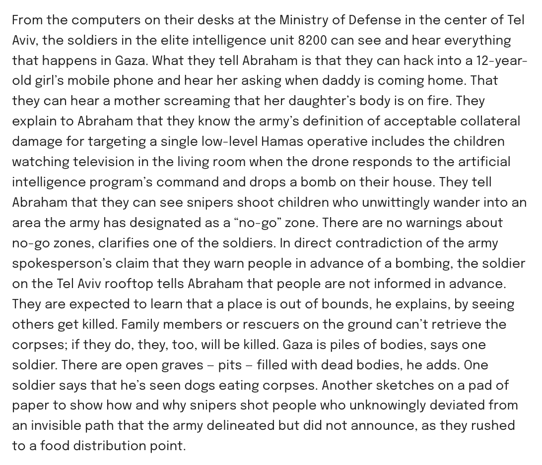 AdHaque110's tweet photo. "Family members or rescuers on the ground can’t retrieve the corpses; if they do, they, too, will be killed. Gaza is piles of bodies, says one soldier. There are open graves — pits — filled with dead bodies, he adds. One soldier says that he’s seen dogs eating corpses." https://t.co/Jd9mjWWvAO